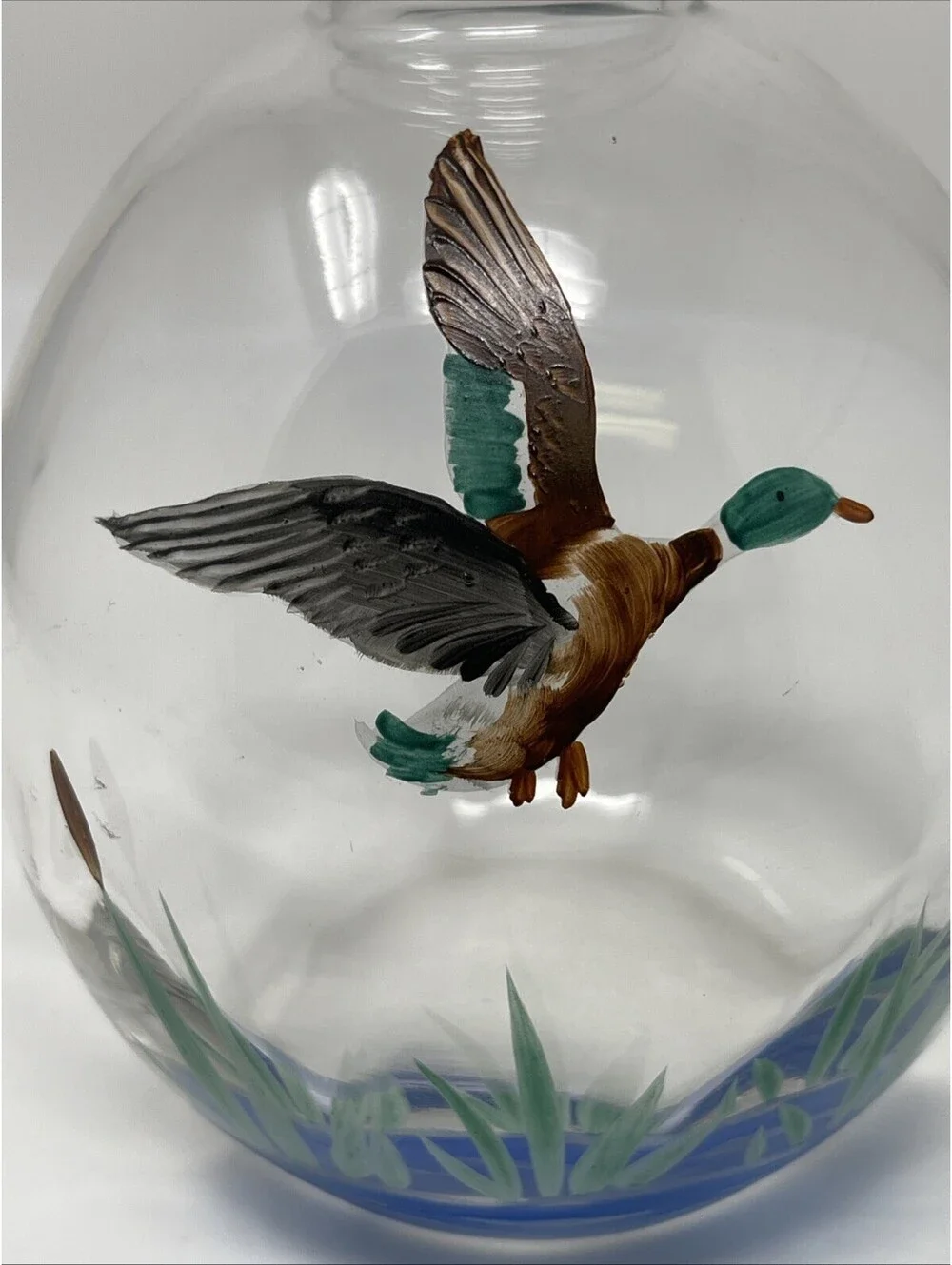 Vintage Hand Painted Mallard Duck Glass Decanter with Decorative Stopper